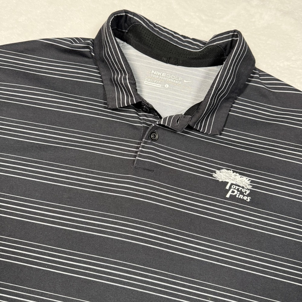 Nike Golf‎ Polo Shirt Mens Large Gray Striped Dri-FIT Torrey Pines Performance